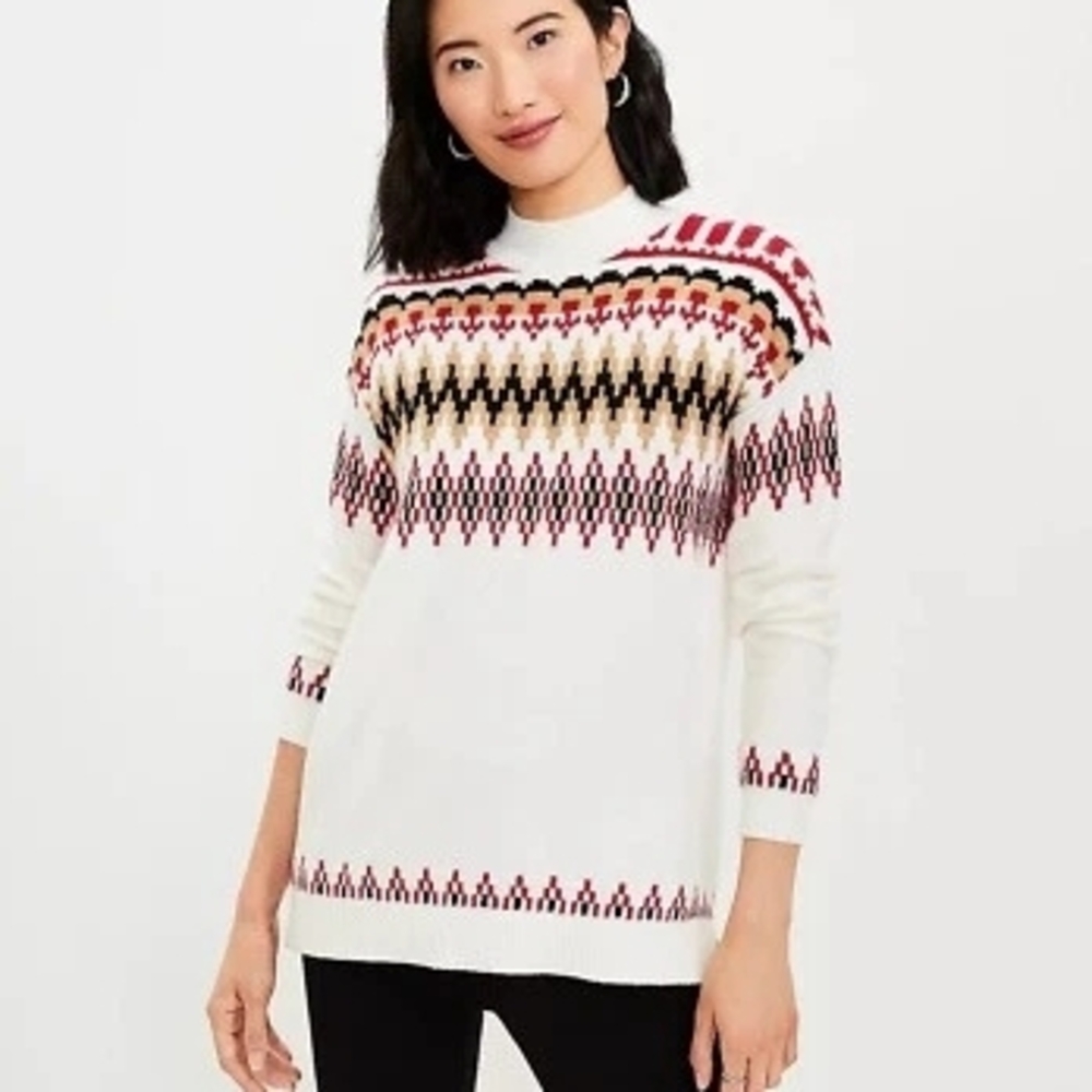 LOFT - M - Fair Isle Mock Neck Tunic Ski Sweater
